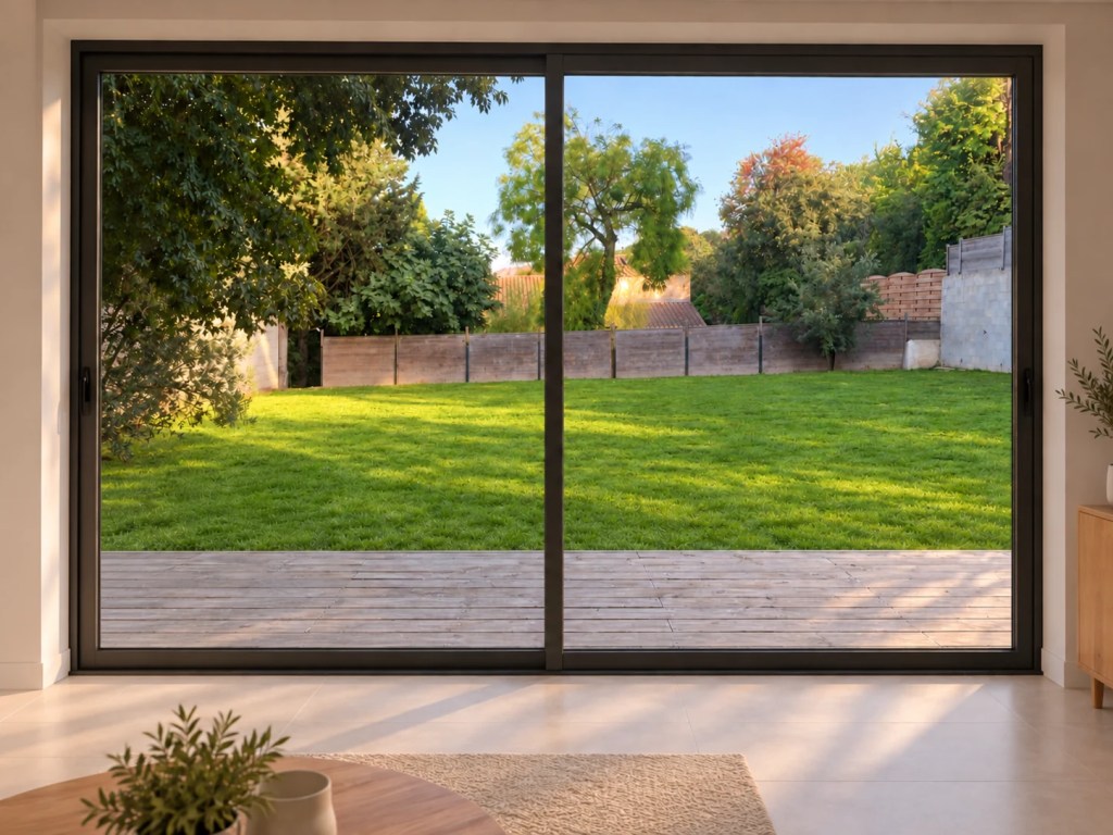 Vue depuis le salon vers le jardin — illustration 3D